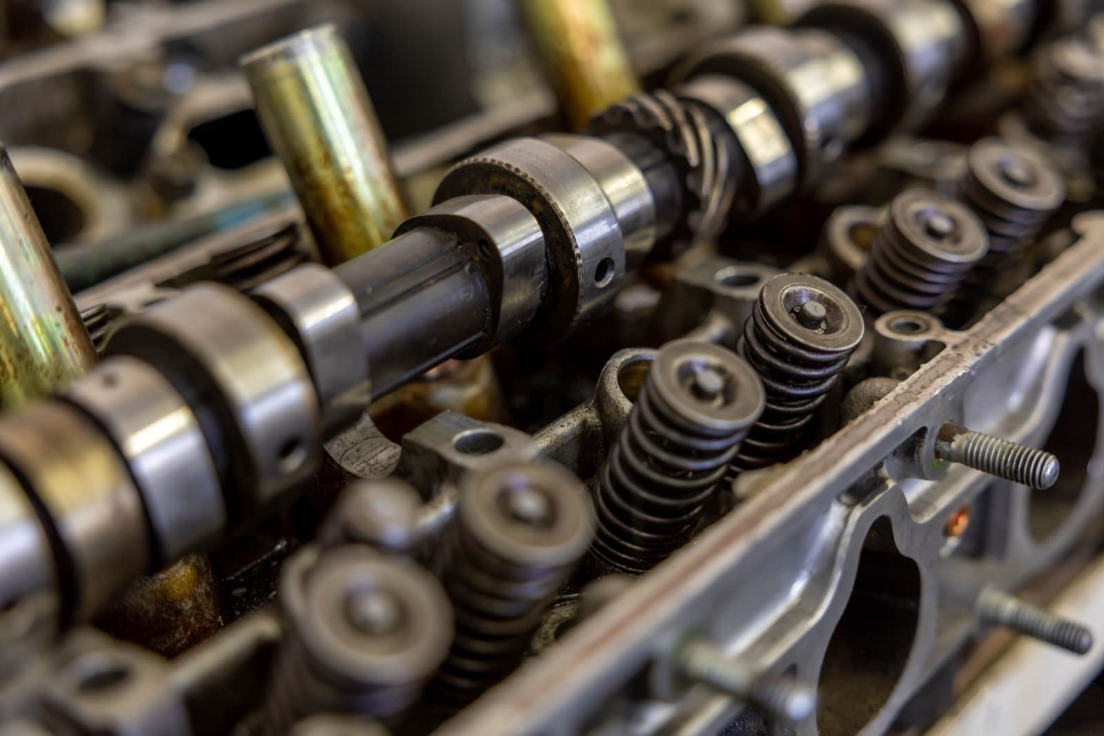 A close-up of a cylinder head with the camshaft, its lobes and the valve springs exposed.