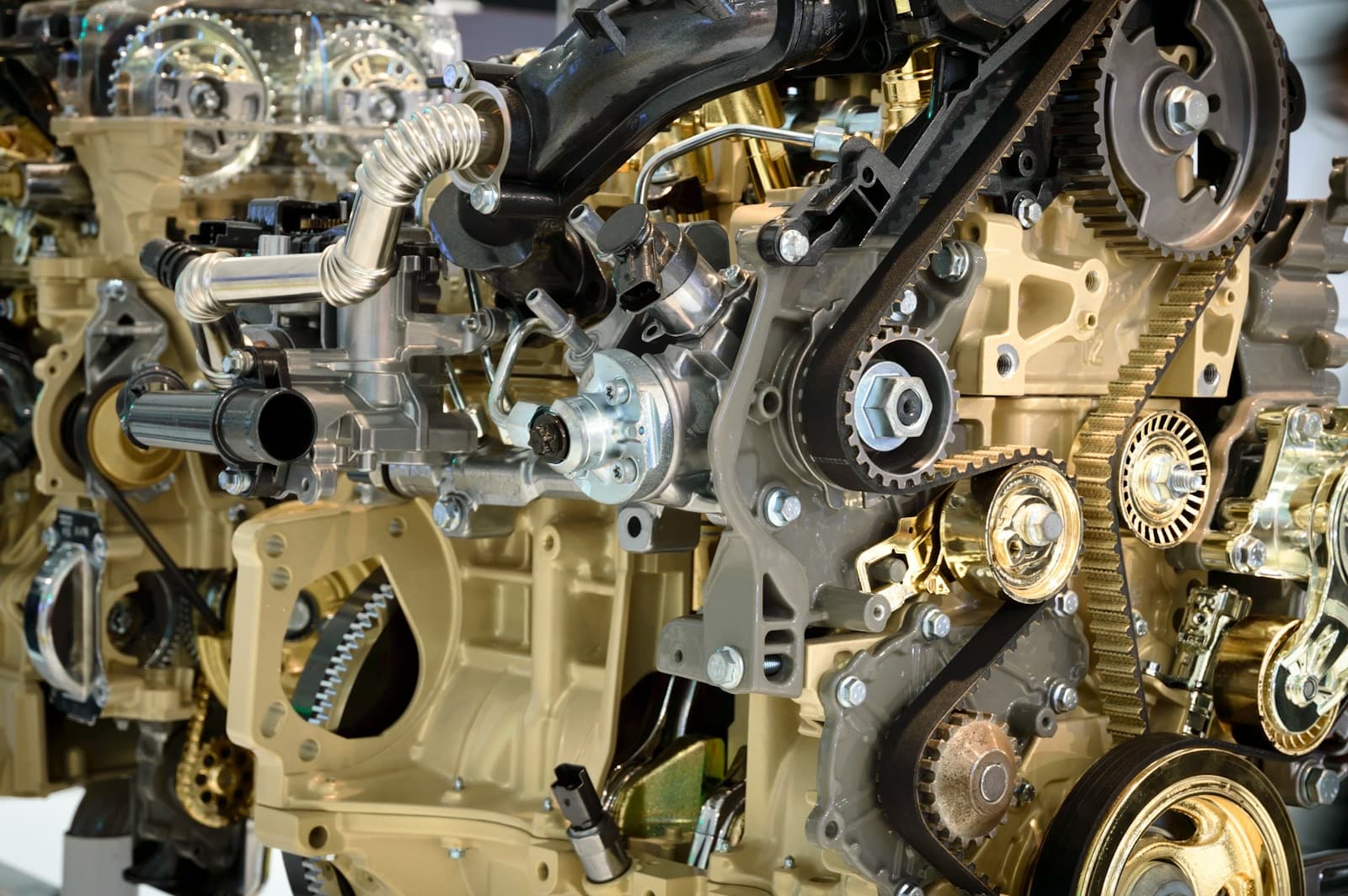 A close-up of an engine timing drive: a toothed rubber belt running over camshaft and tensioner pulleys.